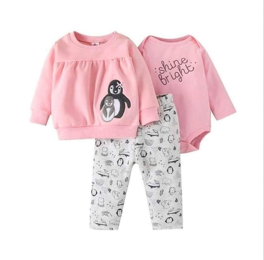 Carter's 3 PCS Penguin character sweatshirt with 'shine bright' romper set